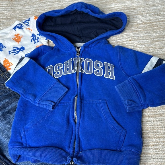 18m Osh Kosh Jean denim overalls and hoodie with Joe onsie blue and orange - Picture 2 of 16